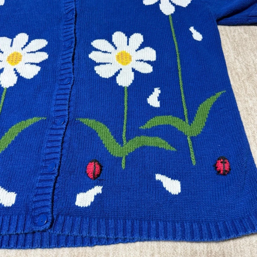 Quacker Factory 1X Blue Daisy Ladybug Ramie Cotton Button Front Cardigan